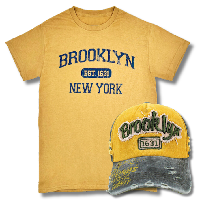 Mustard Distressed Brooklyn Hat and T-Shirt Combo