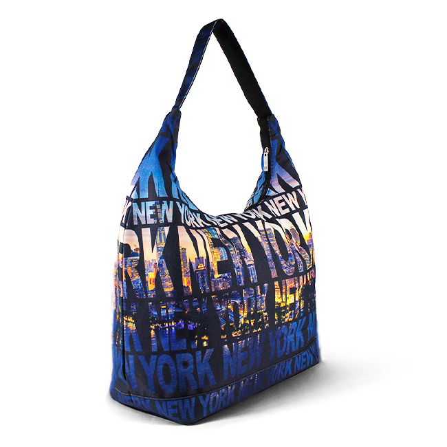 Skyline Noir: NEW YORK Inscribed Black & Blue Handbag