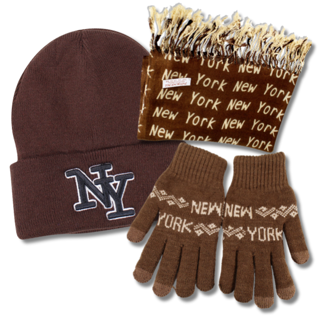 Earth Tone New York Beanie Scarf & Gloves Gift Set | 3-piece Winter Bundle