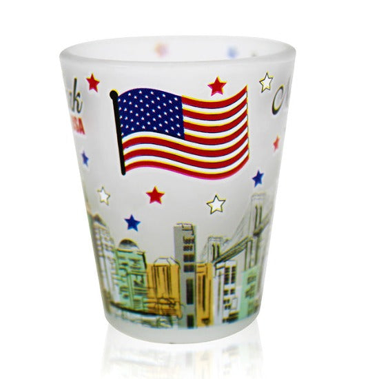 Patriotic Statue of Liberty Skyline Frosted Shot Glass