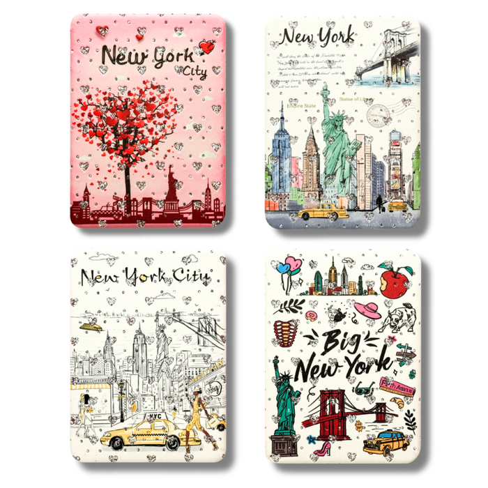 New York Heart-Stone Studded Ceramic Fridge Magnet Set (4-Pieces)