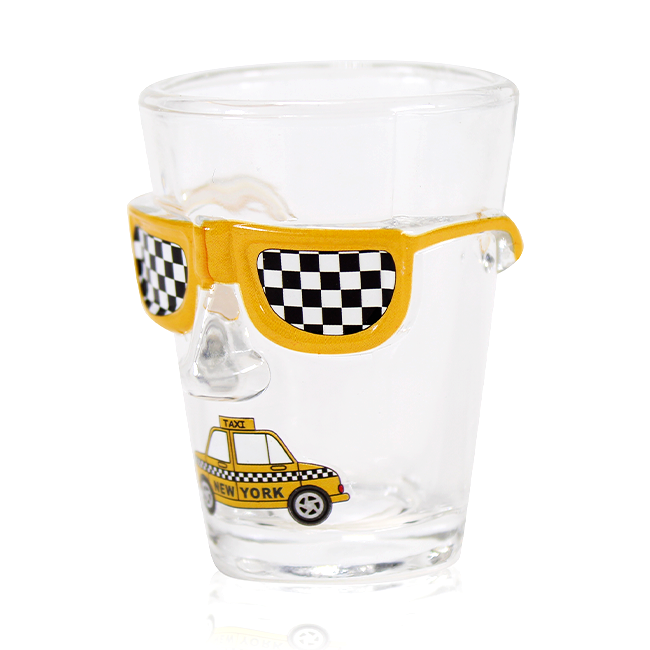 3D Taxi Face-off: NYC Cab Driver Character Shot Glass