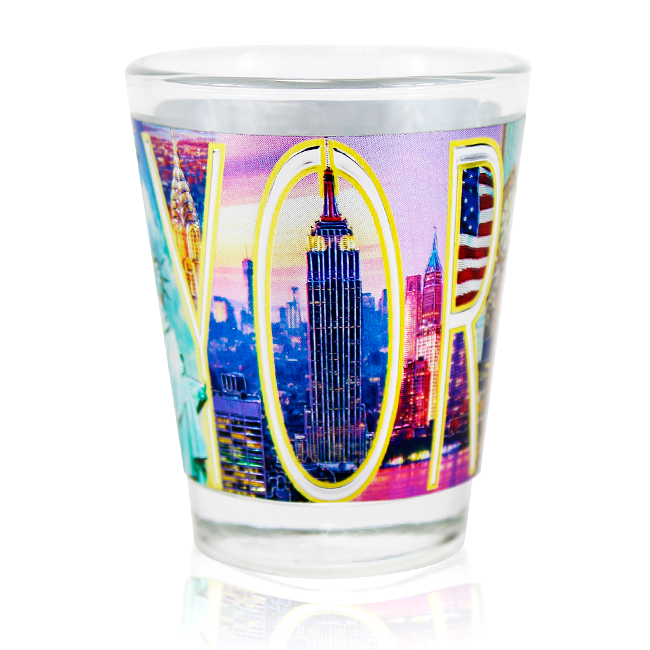 Cityscape Radiance: New York Landmarks Shot Glass