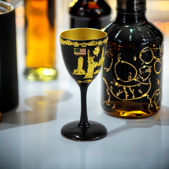 Glimmering Noir Elegance: Black Chalice Shot Glass with NYC Gold Monuments