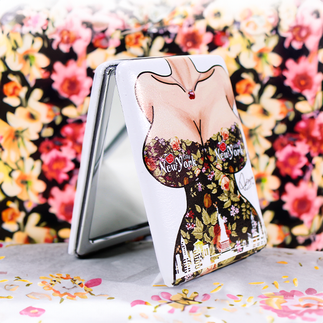 Blooms & Beauty: Femme Fatale Face Mirror with NYC Skyline Floral Dress