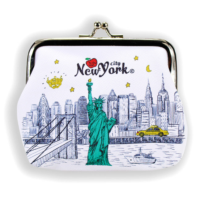 Liberty Skyline Pebbled Leather New York Coin Purse w/ Kiss-Lock (4.5x3.5in)