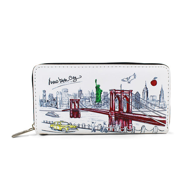 Brooklyn Bridge Skyline Pebbled Leather Zip Wallet w/ Wrist-strap | NY Purse