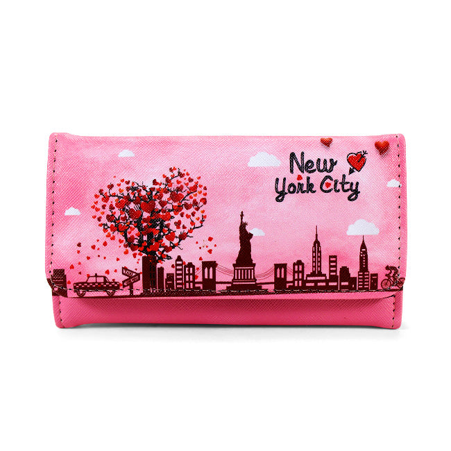 Pink Love Roses "NEW YORK" Pebbled Leather Multi-Pocket Fold Over NY Wallet (6x3.5in)