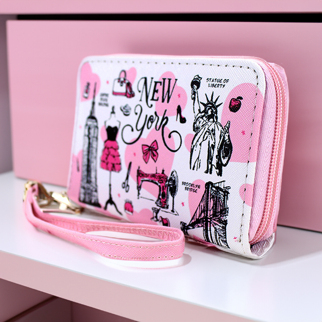 Pink 5th Ave Fashion "NEW YORK" Pebbled Leather Zipped Multi-Pocket Wallet w/ Wrist-strap | NY Purse | NYC Wallet (5.5x3.5in)