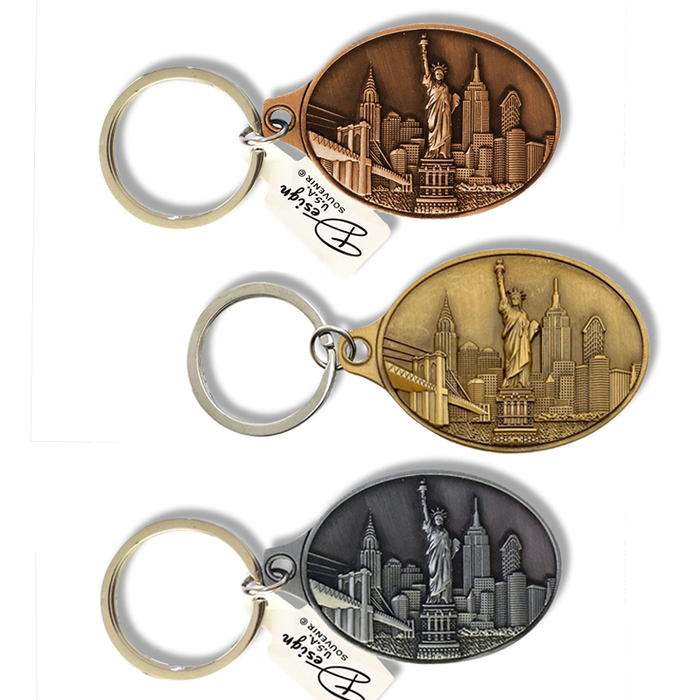 Etched New York Skyline Double Sided Medallion Keychain Set