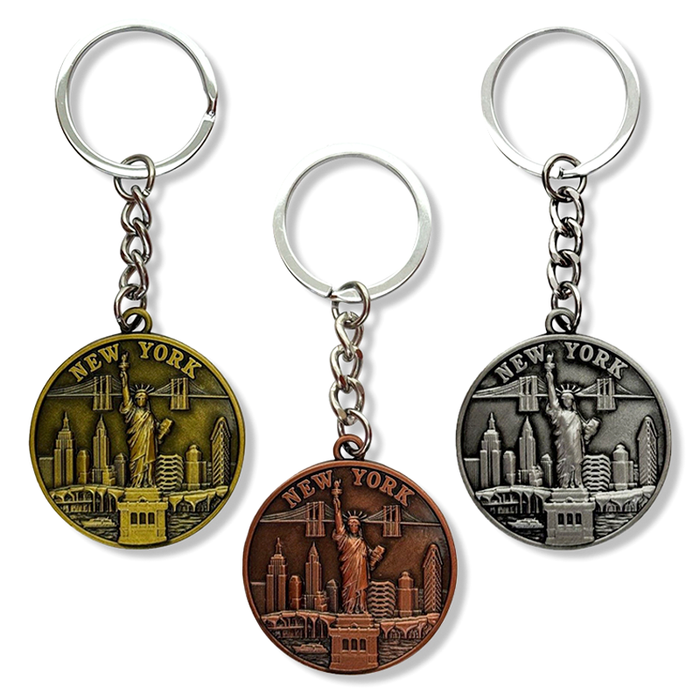 Full Metal Etched Liberty-Skyline New York Keychain Set