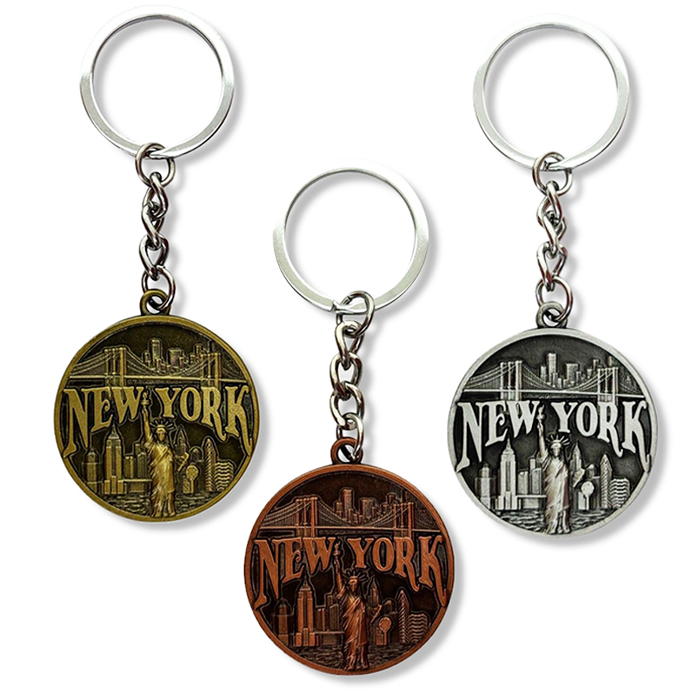 Etched Full Metal Rustic "New York" Brooklyn Bridge, Skyline Keychain Set