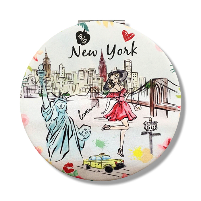 Floral NYC Skyline Faux Leather Circular Compact Mirror