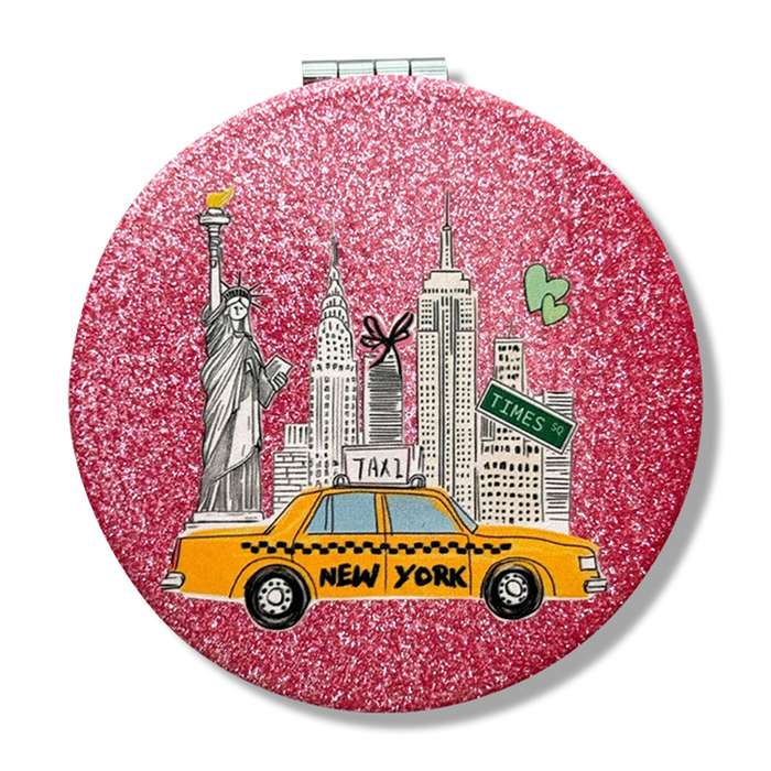 Pink Glitter New York Taxi-Skyline Compact Mirror