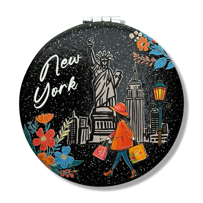 Black Faux Leather Floral NEW YORK Compact Mirror