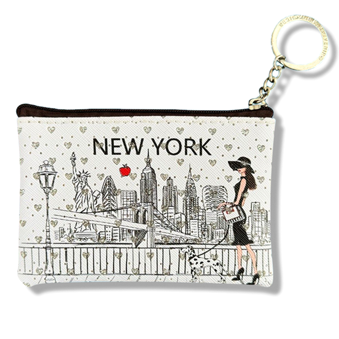 Minimalist New York Sketch Skyline White Rhinestone Zip Pouch