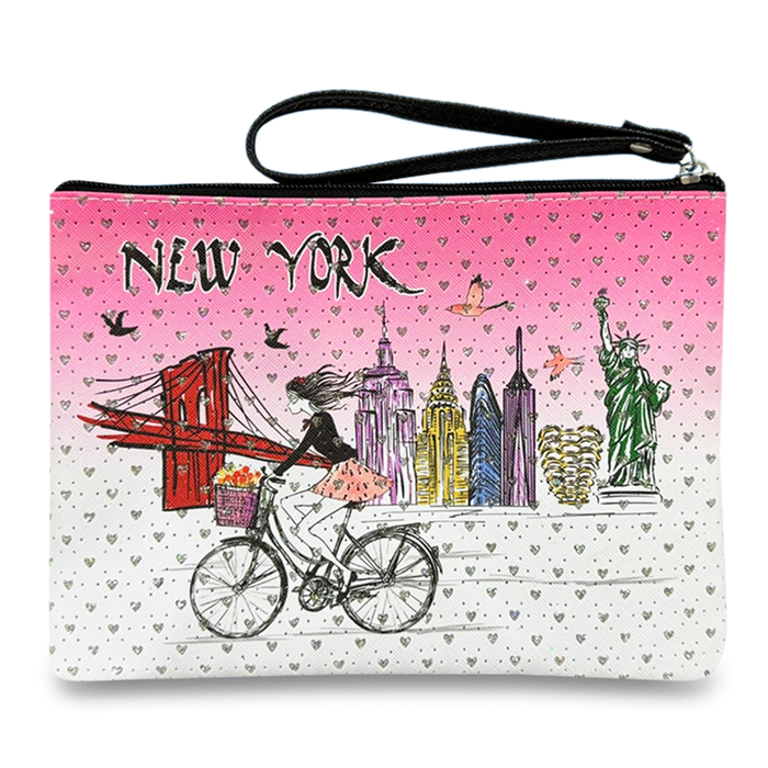 Stone Studded Pink Hues NYC Skyline Large Wristlet Clutch