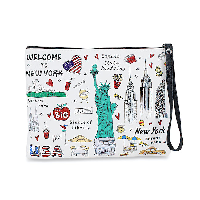 Staple Themes "NEW YORK" Pebbled Leather Pouch Clutch w/ Wrist-strap | New York Handbag | NYC Purse (8x6.5in)