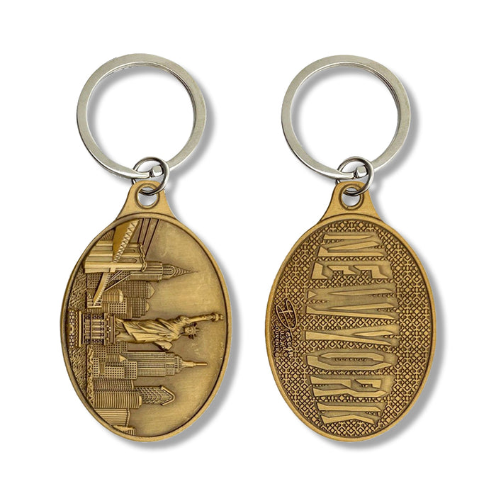 Etched New York Skyline Double Sided Medallion Keychain Set