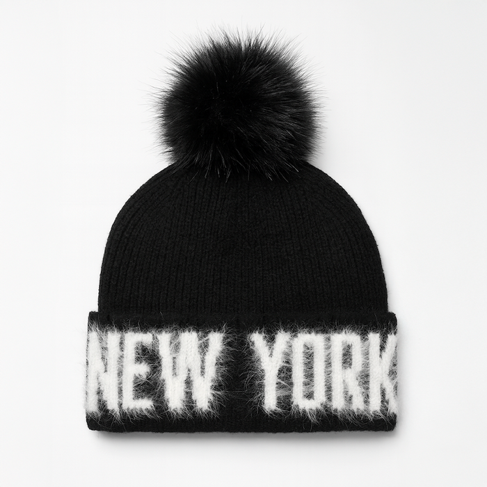 Fuzzy Letter New York Black Pom Beanie
