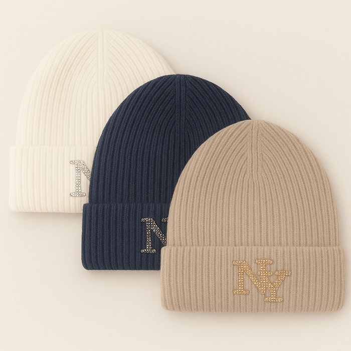 Rhinestone Embossed Wool "NY" Premium Beanie (3 Colorways)