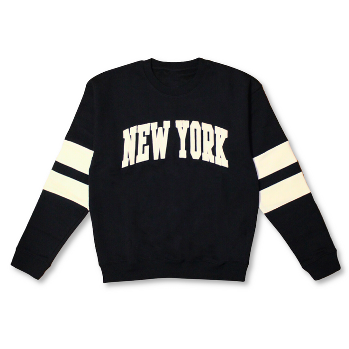 Embroidered Striped Sleeve Black & Natural New York Sweatshirt | New York Crewneck