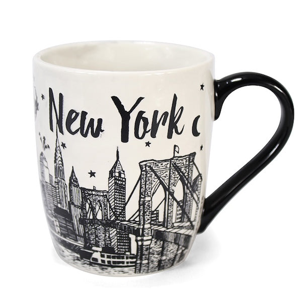 Marbled Black & White NYC Etched Skyline Mug – 12oz Ceramic with Curved Handle