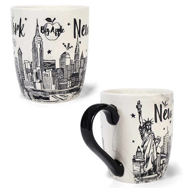 Marbled Black & White NYC Etched Skyline Mug – 12oz Ceramic with Curved Handle