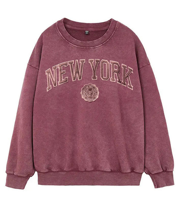 Harvard Style Embroidered Washed Maroon New York Sweatshirt (5 Sizes)