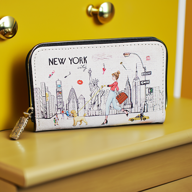 Walk In "NEW YORK" Skyline Pebbled Leather Zipped Multi-Pocket Wallet w/ Wrist-strap | NY Purse | NYC Wallet (5.5x3.5in)