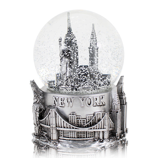 120MM Full Silver Big Base Wind-up Musical New York Skyline Snow Globe