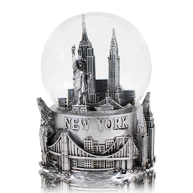 120MM Full Silver Big Base Wind-up Musical New York Skyline Snow Globe