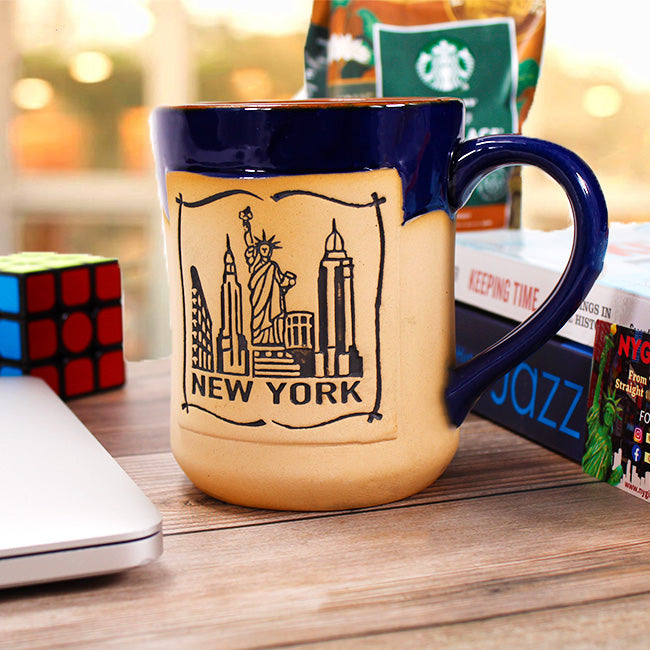 25oz JUMBO Heavy Ceramic Etched Navy Beige New York Coffee Mug