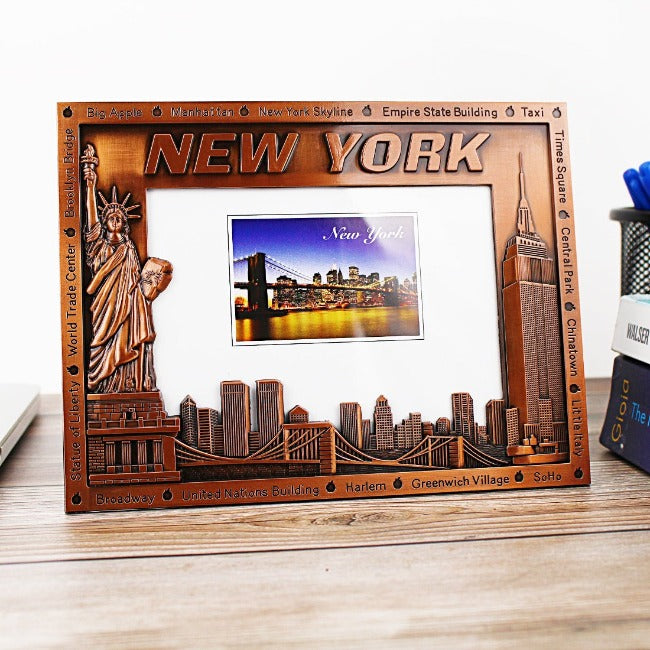 Rectangular Bronze Metal "NEW YORK" Skyline NYC Picture Frame | New York City Souvenir | NYC Souvenir Travel Gift