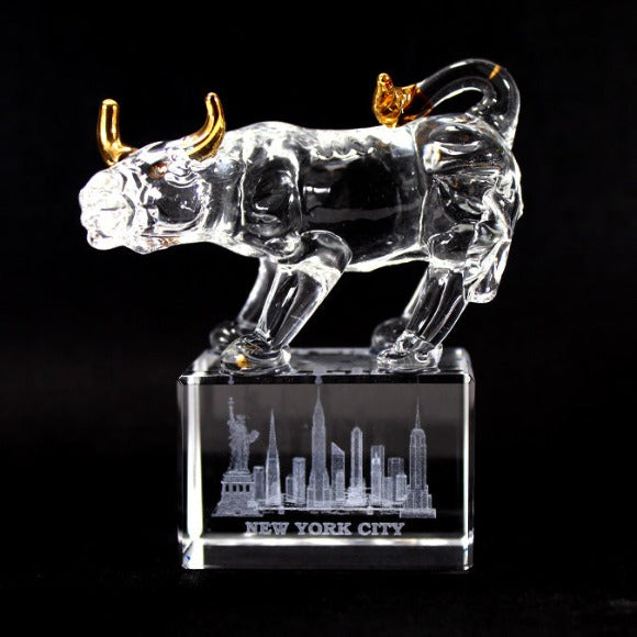 Wall Street Charging Bull Figurine w/ Skyline New York Cystal | NYC Decor