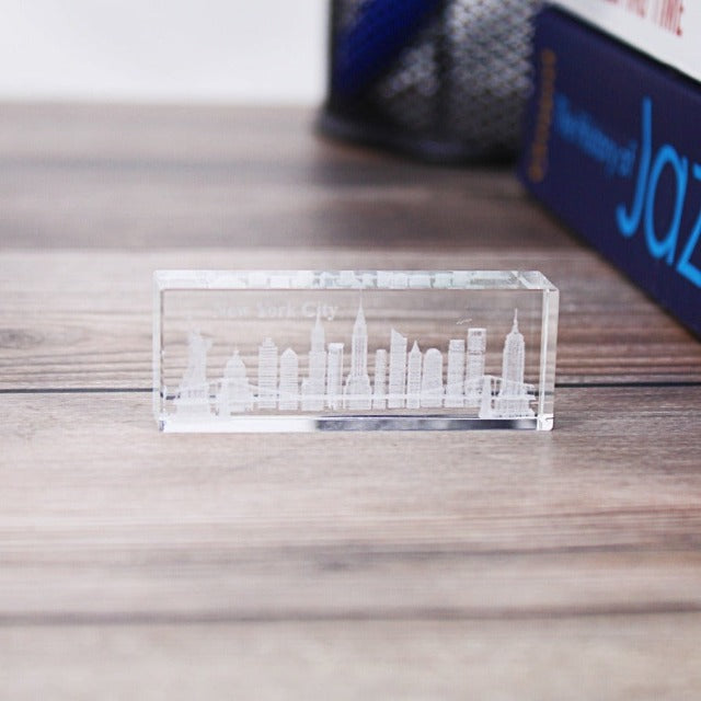 3D Manhattan "NEW YORK" Skyline Laser Etched Short Crystal (2x1in) | New York City Souvenir | NYC Souvenir Travel Gift