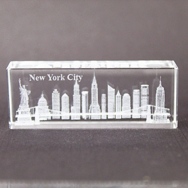 3D Manhattan "NEW YORK" Skyline Laser Etched Short Crystal (2x1in) | New York City Souvenir | NYC Souvenir Travel Gift