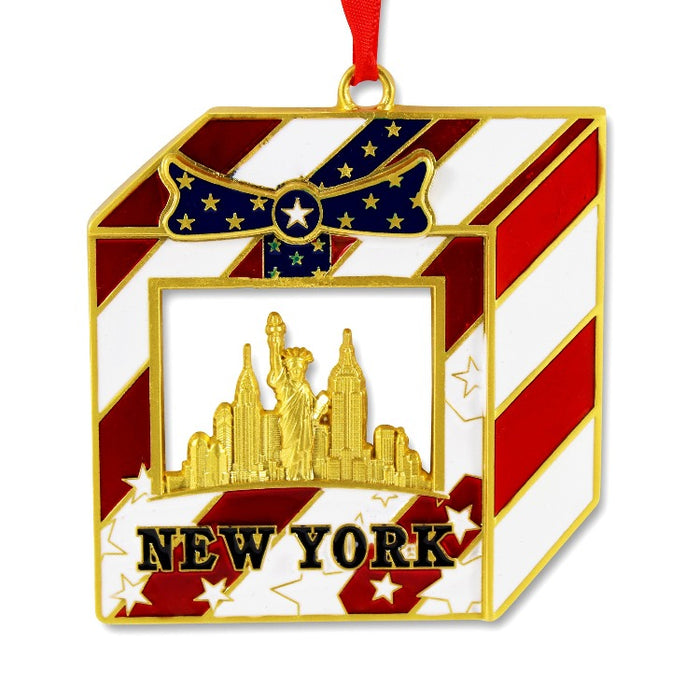 New York Skyline Gift Box Metal Embossed Christmas Ornament (2.5x2.5in)