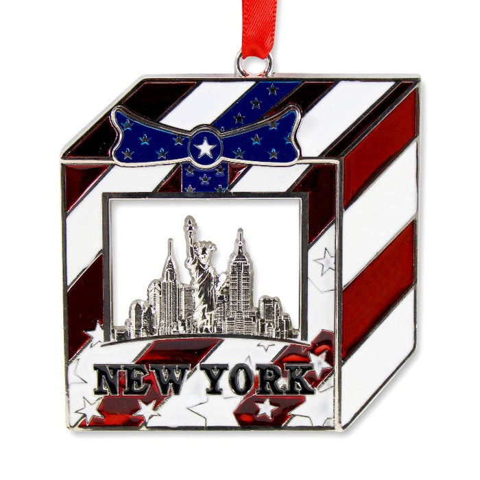 New York Skyline Gift Box Metal Embossed Christmas Ornament (2.5x2.5in)