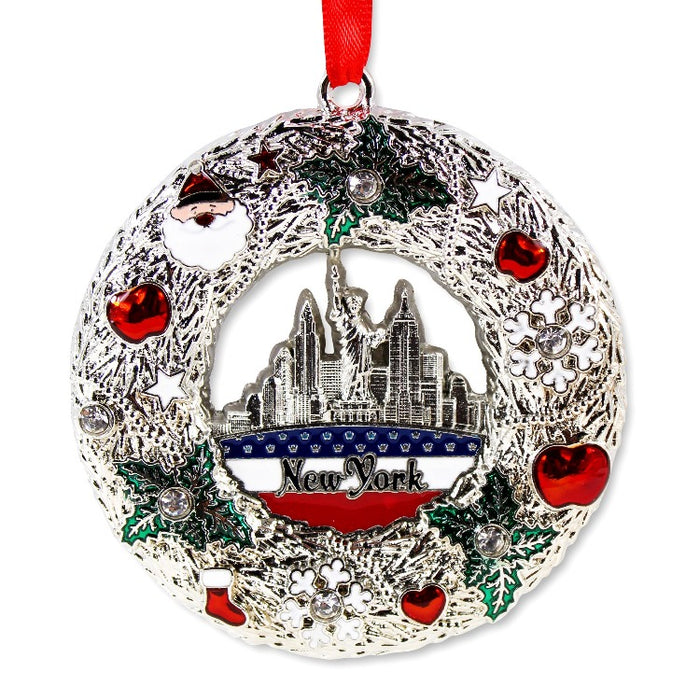 New York Skyline Silver Wreath Christmas Ornament (3x3in)