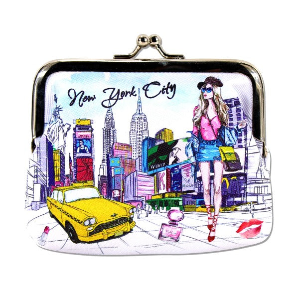 Pebbled Leather "NEW YORK" Fashion Skyline Coin Purse w/ Kisslock (4.5x3.5in )