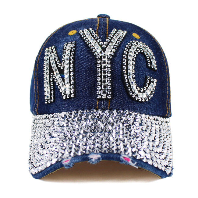 Rhinestone Denim NYC Hat For Ladies (3 Wash Colors) | Ladies NY Hat