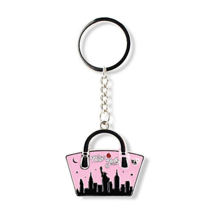 Hand Bag Pink Enamel "NEW YORK" Skyline of Manhattan Keychain