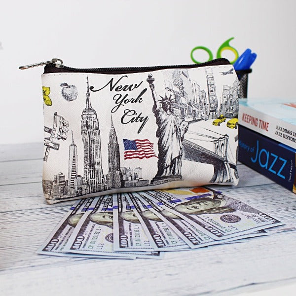 Statue of Liberty "NEW YORK CITY" Skyline Pebbled Leather Pouch Clutch | NYC Wallet | NY Purse (7x5in)