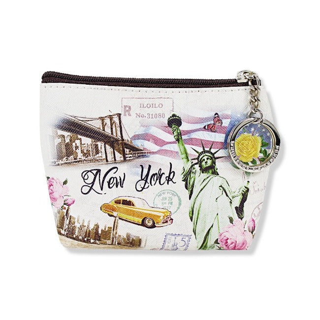 Zipper Pebbled Leather "NEW YORK" Liberty City Traveler's Coin Purse (4.5x3.5in)