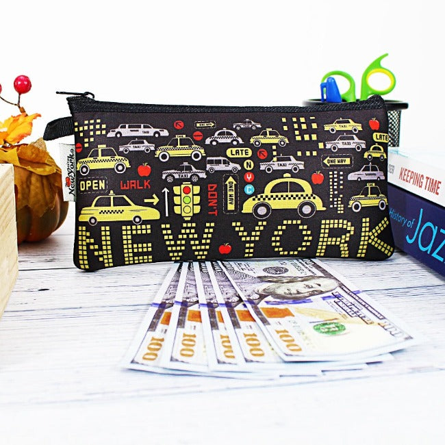 Yellow Cab Taxi "NEW YORK" Soft Touch Fabric Zipper Clutch | NYC Wallet | NY Purse (8x4in)