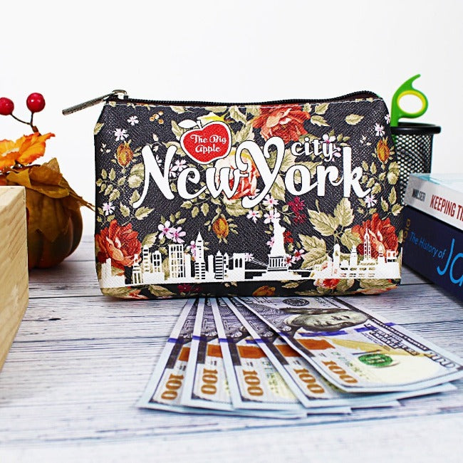 Floral "NEW YORK" Skyline Pebbled Leather Pouch Clutch | New York Handbag | NY Purse (7.5x5.5in)