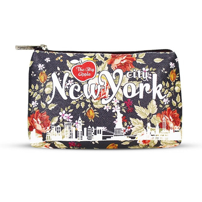Floral "NEW YORK" Skyline Pebbled Leather Pouch Clutch | New York Handbag | NY Purse (7.5x5.5in)