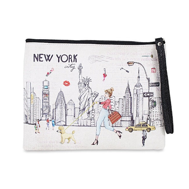 Walk in "NEW YORK" Skyline Pebbled Leather Pouch Clutch w/ Wrist-strap | New York Handbag | NYC Purse (8x6.5in)
