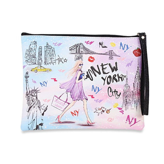 Sunset "NEW YORK" Pebbled Leather Pouch Clutch w/ Wrist-strap | New York Handbag | NYC Purse (8x6.5in)